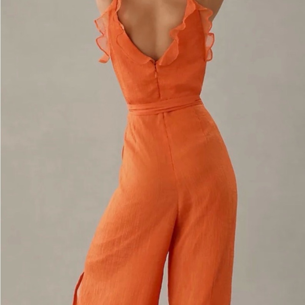 Anthropologie Orange Ruffle-Shoulder Wide-Leg Jumpsuit